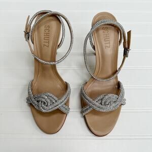 Schutz Jocelyn Heels Leather Stiletto Sandal Nude Heel Silver Bow Crystal 7.5